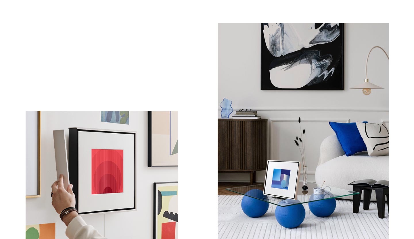 A white Color Bezel snaps easily onto the Music Frame. It is mounted on a wall and set on top of a table as room decor.