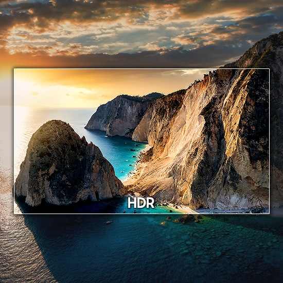A scene of a magnificent cliff is highlighted in the shape of a TV and optimized with HDR into a picture with enhanced colors, details and clarity.