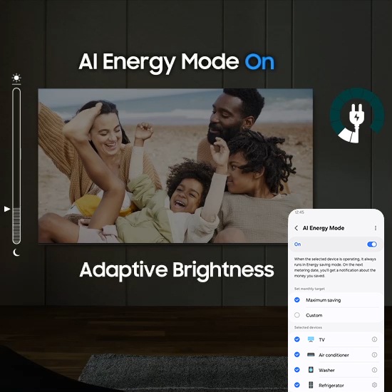 When AI Energy Mode is off, the surroundings around the TV appear bright. A smartphone screen displaying AI Energy Mode pops up, and it switches from Off to On. With adaptive brightness and AI Energy Mode activated, the energy level decreases significantly, and the scale shifts from day to night.