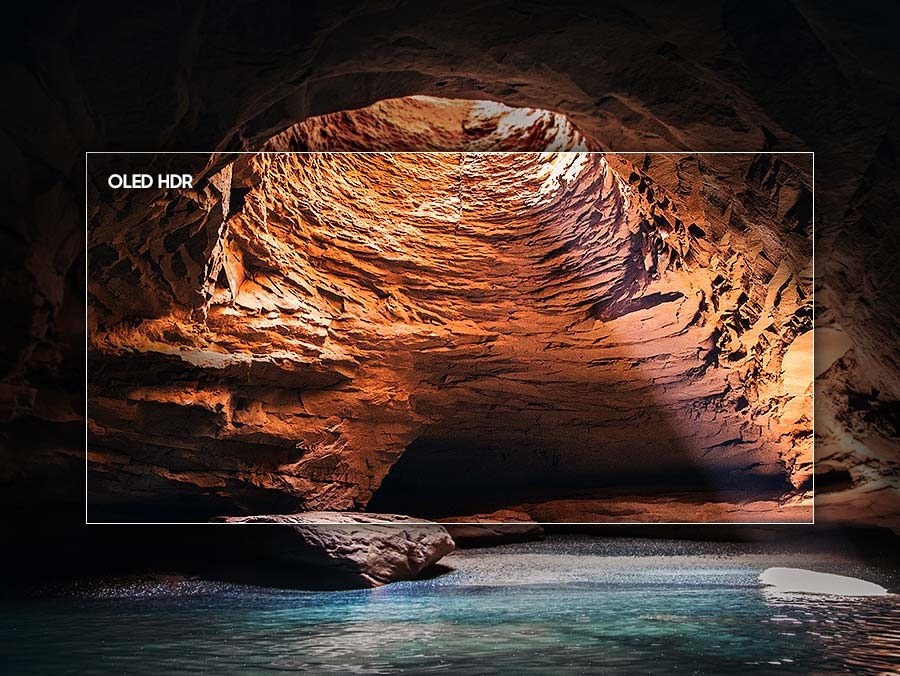 A beautiful scene of a water cave is highlighted by OLED HDR with maximized brightness and contrast for improved picture clarity.