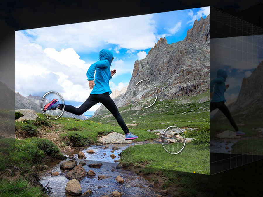  The details of a mountain side, rocks in a creek and shoes of a runner in a scene are upscaled to great clarity.