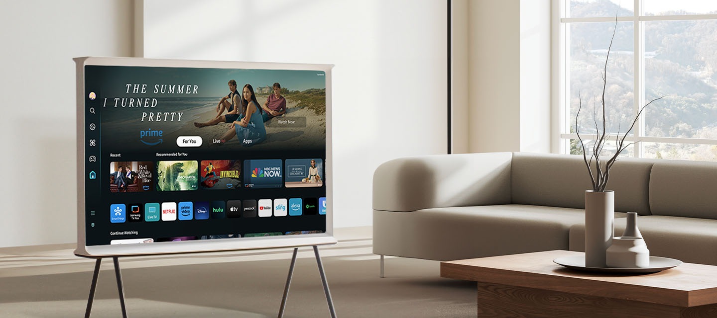 Various entertainment options are displayed on the Serif TV through Samsung Tizen OS.