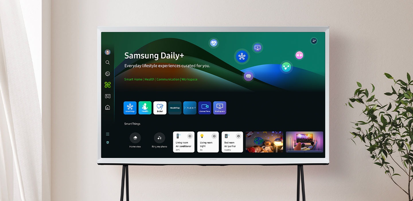 The Serif TV displays the Samsung Daily+ menu with various lifestyle apps like SmartThings, Samsung Health, Dr.Tail, HealthTap, Flexit, ConnecTime and Workspace. Menu scrolls down to show more options organized under each app.