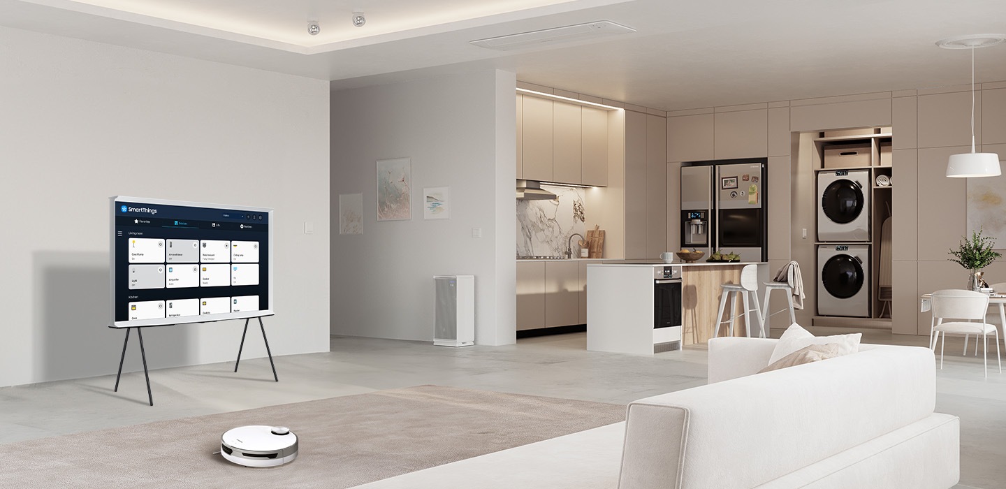 A Wi-Fi symbol pops up above The Serif TV. Then the SmartThings logo appears on the screen of The Serif, followed by various icons over nearby household appliances and devices. Lines connect the SmartThings logo to icons of a TV, a robot vacuum, an air purifier, an air conditioner, an oven, a fridge, a washing machine and a light.
