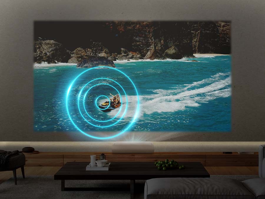 The Premiere projects a scene of a couple on a motorboat riding across the water. Rings of sound come out of the motorboat as it travels across the screen.
