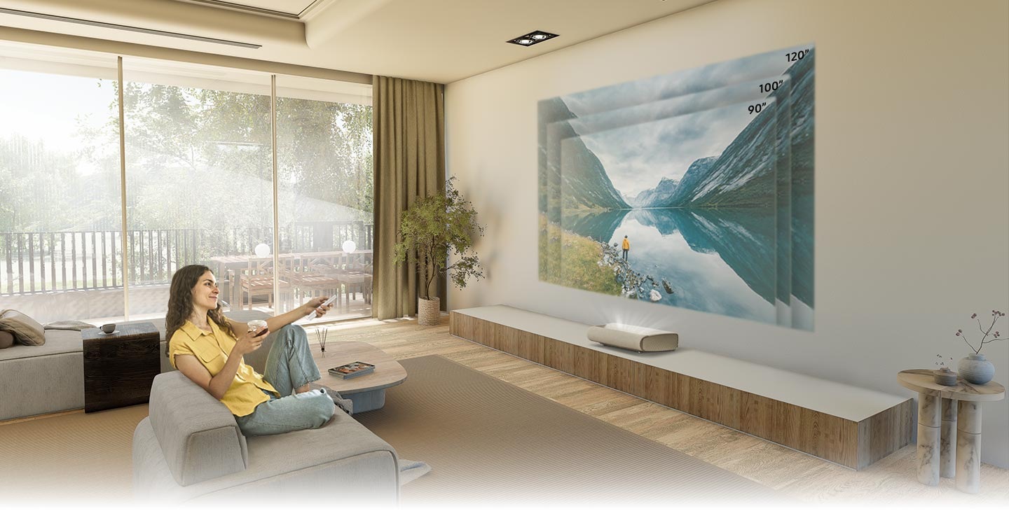 The Premiere projects a screen onto the wall. The scene zooms in for a close-up look on The Premiere. An arrow indicates the short distance between The Premiere and the wall. The arrow increases slightly in length. The scene zooms out to show the projected screen increasing from 90 inches to 100 inches to 120 inches.