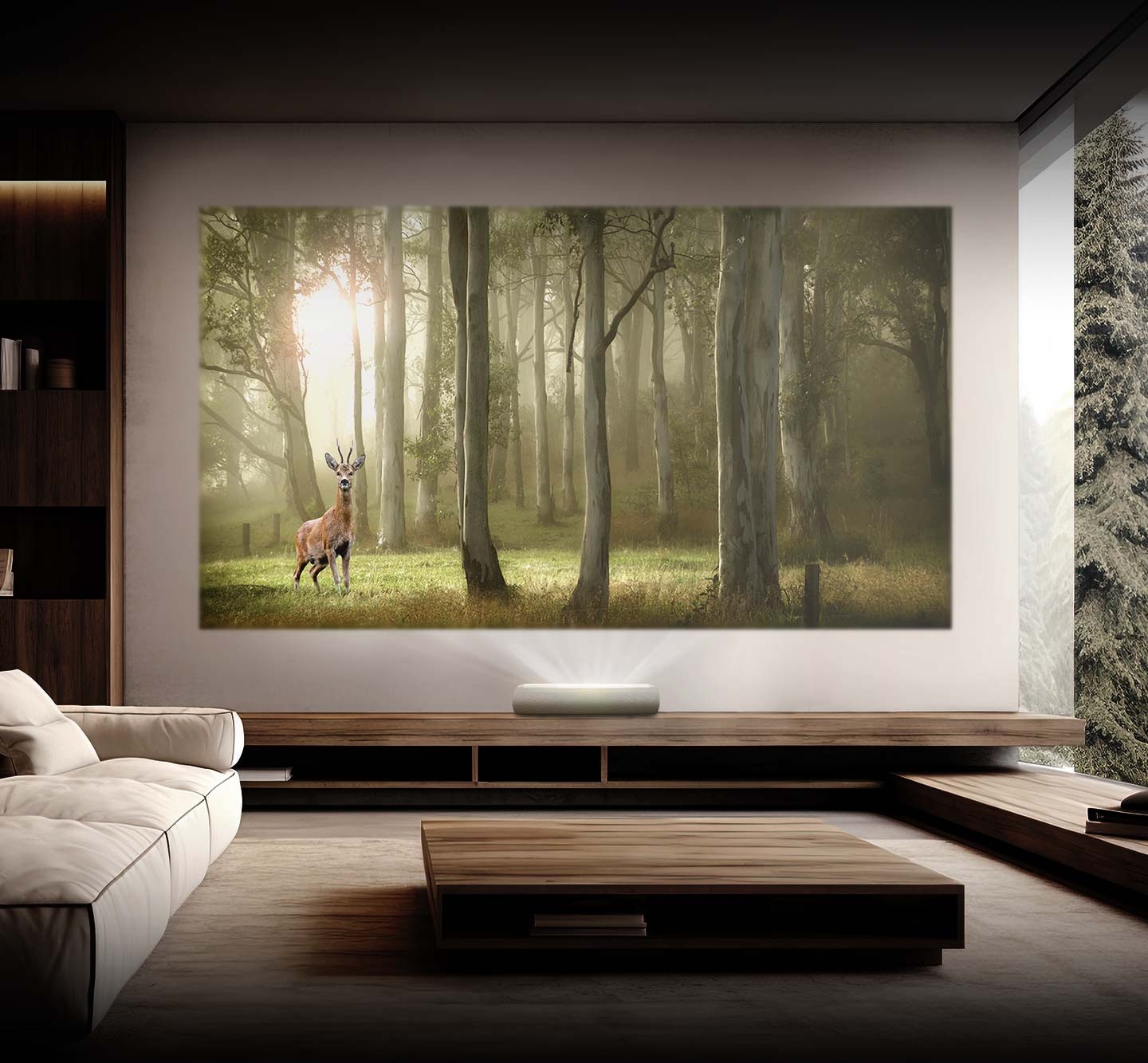 The Premiere projects a large image of an outdoor forest scene onto a wall.