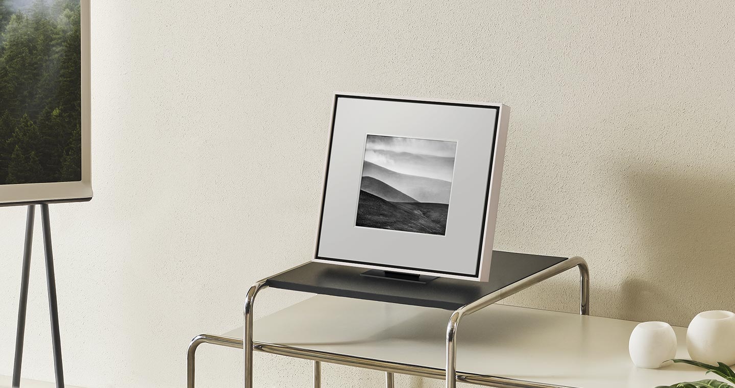 Music Frame with white Color Bezel in a clean, modern room.