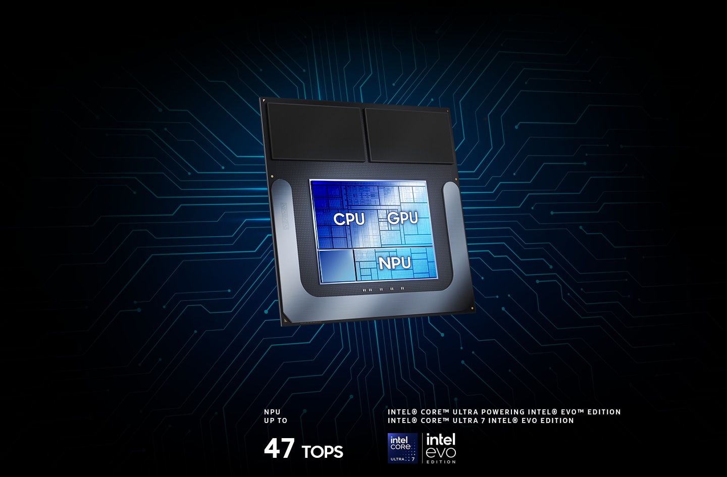 The grid of the chip on Galaxy Book5 Pro 360 with the CPU, GPU and NPU shown. NPU up to 47 TOPS. Intel® Core™ Ultra powering Intel® Evo™ Edition, Intel Core Ultra 7 PROCESSOR logo and Intel EVO Edition logo.