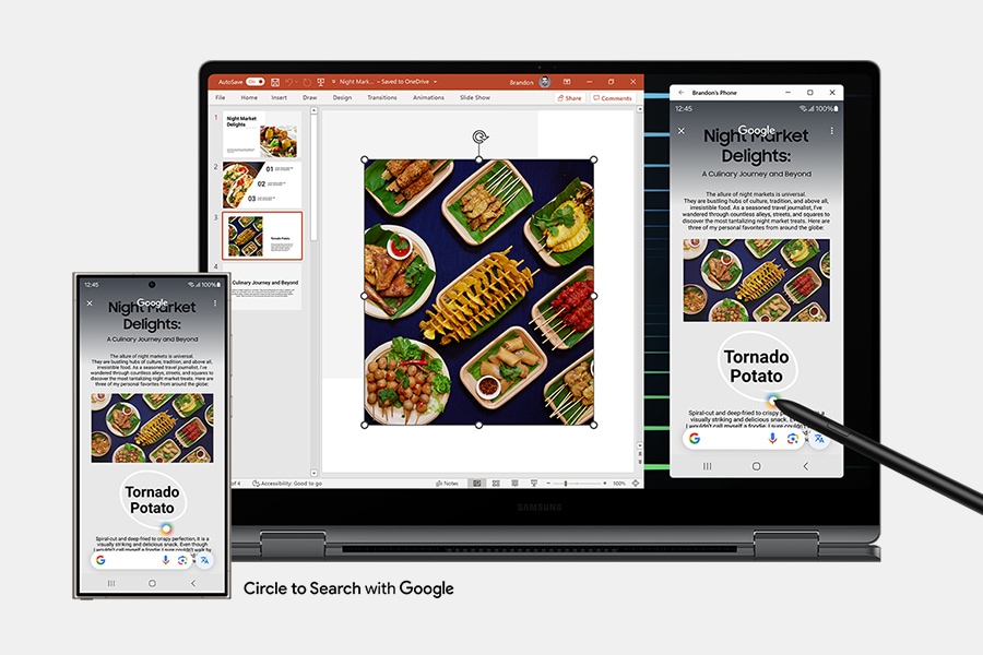 Galaxy S24 Ultra is connected to Galaxy Book5 Pro 360 through the Phone Link app. Note Assist with Google is being used from Galaxy S24 Ultra  directly on Galaxy Book5 Pro 360 to look up 'Tornado Potato' text, which is then copied and pasted onto a presentation file open on the laptop's screen. Circle to Search with Google.