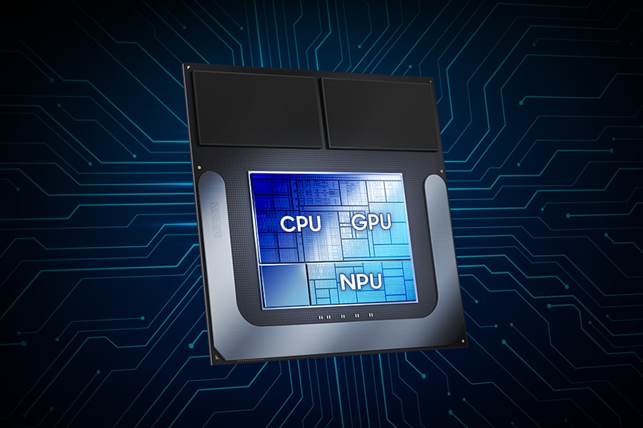 The grid of the chip on Galaxy Book5 Pro 360 with the CPU, GPU and NPU shown.