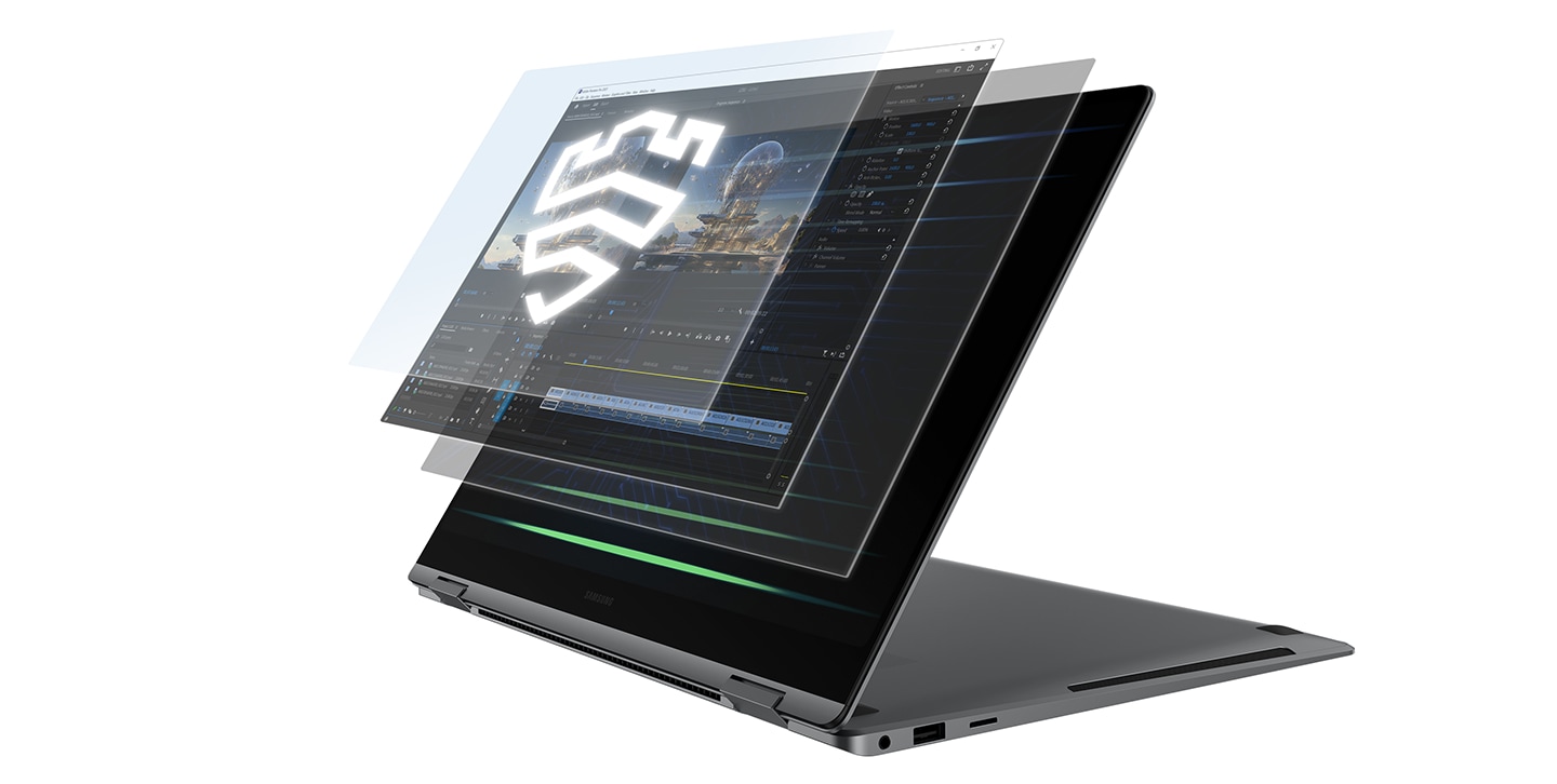 Galaxy Book5 Pro 360 in Gray is open, facing left with a dark wallpaper shown onscreen. Adobe Premiere Pro app window and two other layers of onscreen windows are shown on top of the device's screen. Samsung Knox logo shown in front.