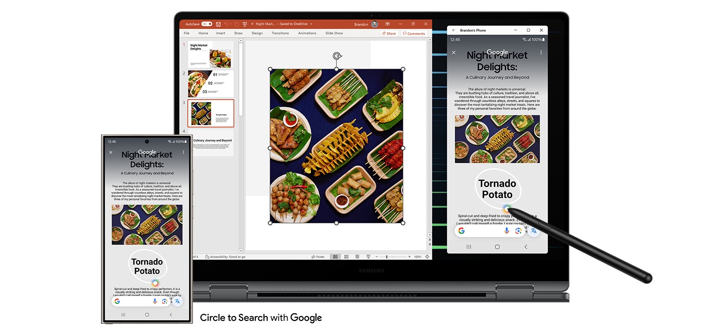 Galaxy S24 Ultra is connected to Galaxy Book5 Pro 360 through the Phone Link app. Note Assist with Google is being used from Galaxy S24 Ultra  directly on Galaxy Book5 Pro 360 to look up 'Tornado Potato' text, which is then copied and pasted onto a presentation file open on the laptop's screen.