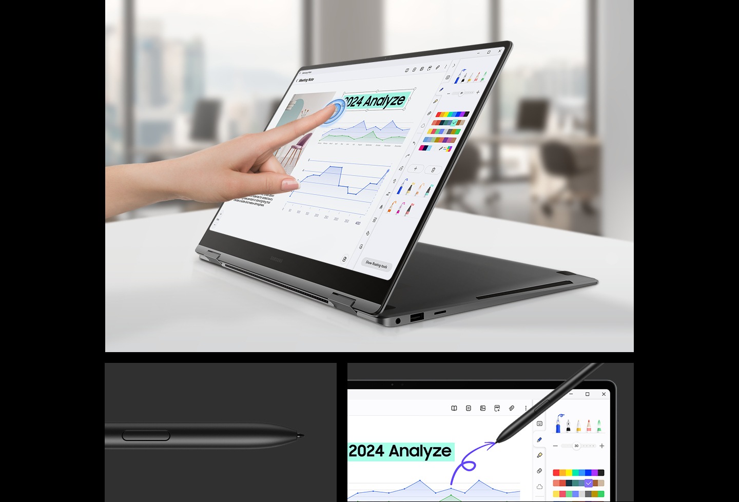 Galaxy Book5 Pro 360 on an office table, folded back and facing left with Samsung Notes app open onscreen and a person touching the screen with their finger. Close-up of S Pen with the S Pen button and pen tip. S Pen is being used to draw a line in the Samsung Notes app on the screen of Galaxy Book5 Pro 360.