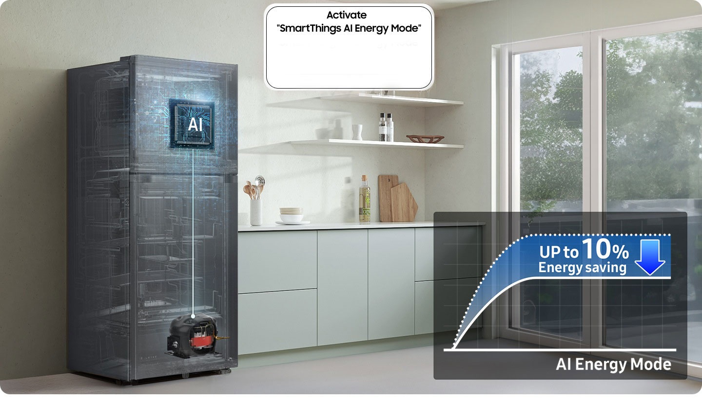 The refrigerator installed in the kitchen with the Activate “SmartThings AI Energy Mode” button ON. The AI Energy Mode is turned on, AI activated to check internal and manage the compressor, and a graph shows the UP to 10% Energy Saving effect when in AI Energy Mode compared to Normal mode.