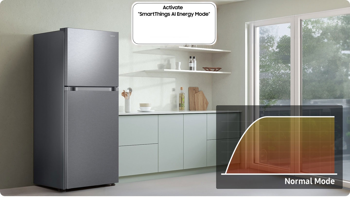 The refrigerator installed in the kitchen with the Activate “SmartThings AI Energy Mode” button OFF. A graph shows energy usage of Normal Mode.