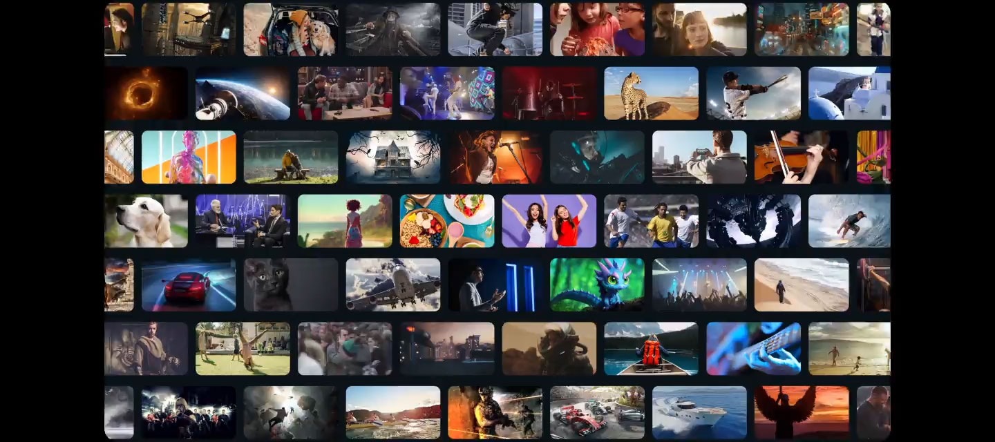 Array of screens showing various content. Aerial shot reveals more screens and vast amount of content available. Extensive Free Content. Other screens appear. Experience, smart, beyond. Screens move to the side as if scrolled through. TV show, sports, movie, drama, music. Upscale Your Entertainment.