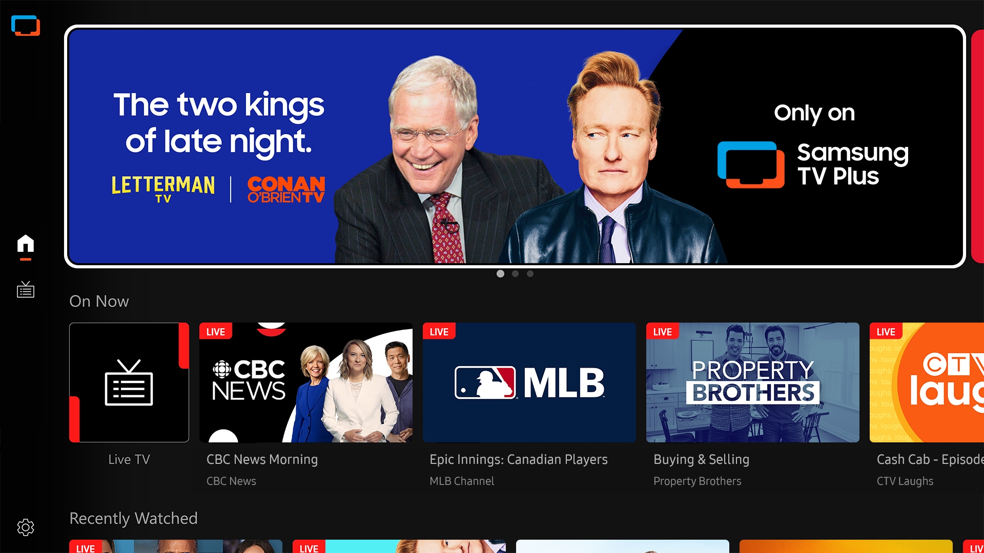 TV in a living room shows Samsung TV Plus home screen and the diverse TV channels available with it.