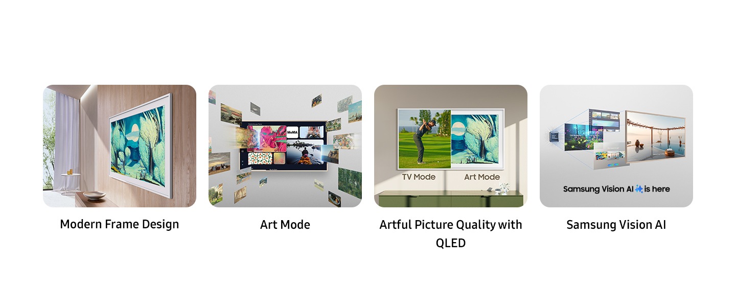 Key features of The Frame. Modern Frame Design, Art Mode, Artful Picture Quality with QLED that shows TV Mode and Art Mode, Samsung Vision AI is here logo.