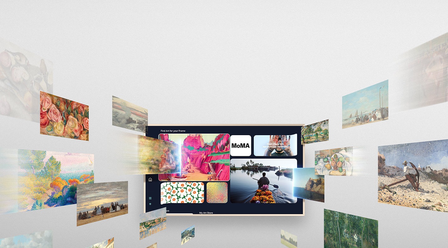 The Frame displays artwork available on Art Store. Around it other artworks appear to move toward and be sucked into the TV.