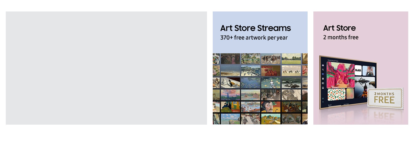 Grid display of various artwork. Art Store Streams 370+ free artwork per year. The Frame TV shows Art Store screen. 2 months free.