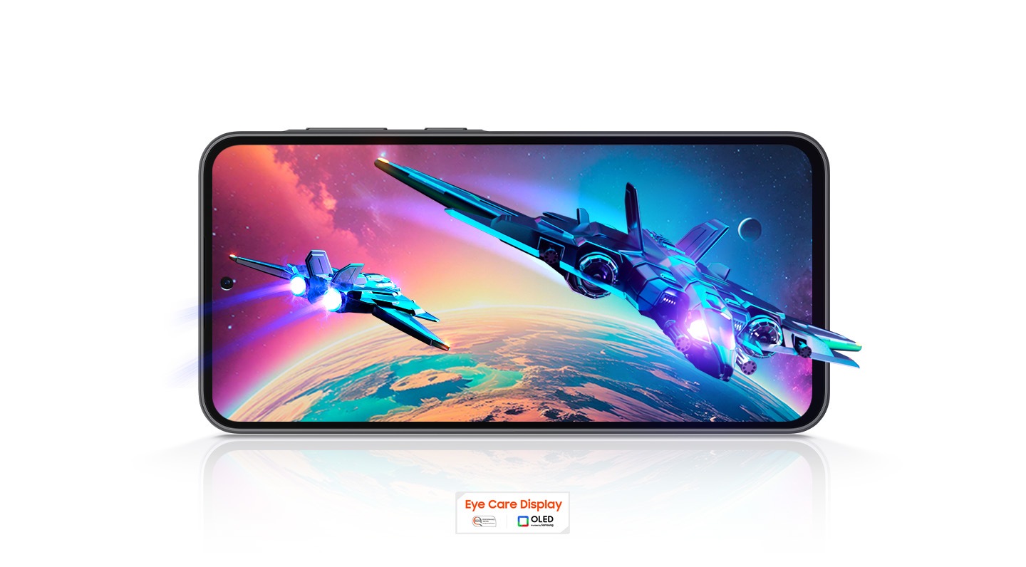 Galaxy A36 5G placed horizontally. Cookie Run: Tower of Adventures is onscreen. Game items are randomly placed outside of the screen. Cookie Run: Tower of Adventures logo is on the top right. Text Eye Care Display, SGS performance mark and OLED technology logo are at the bottom.