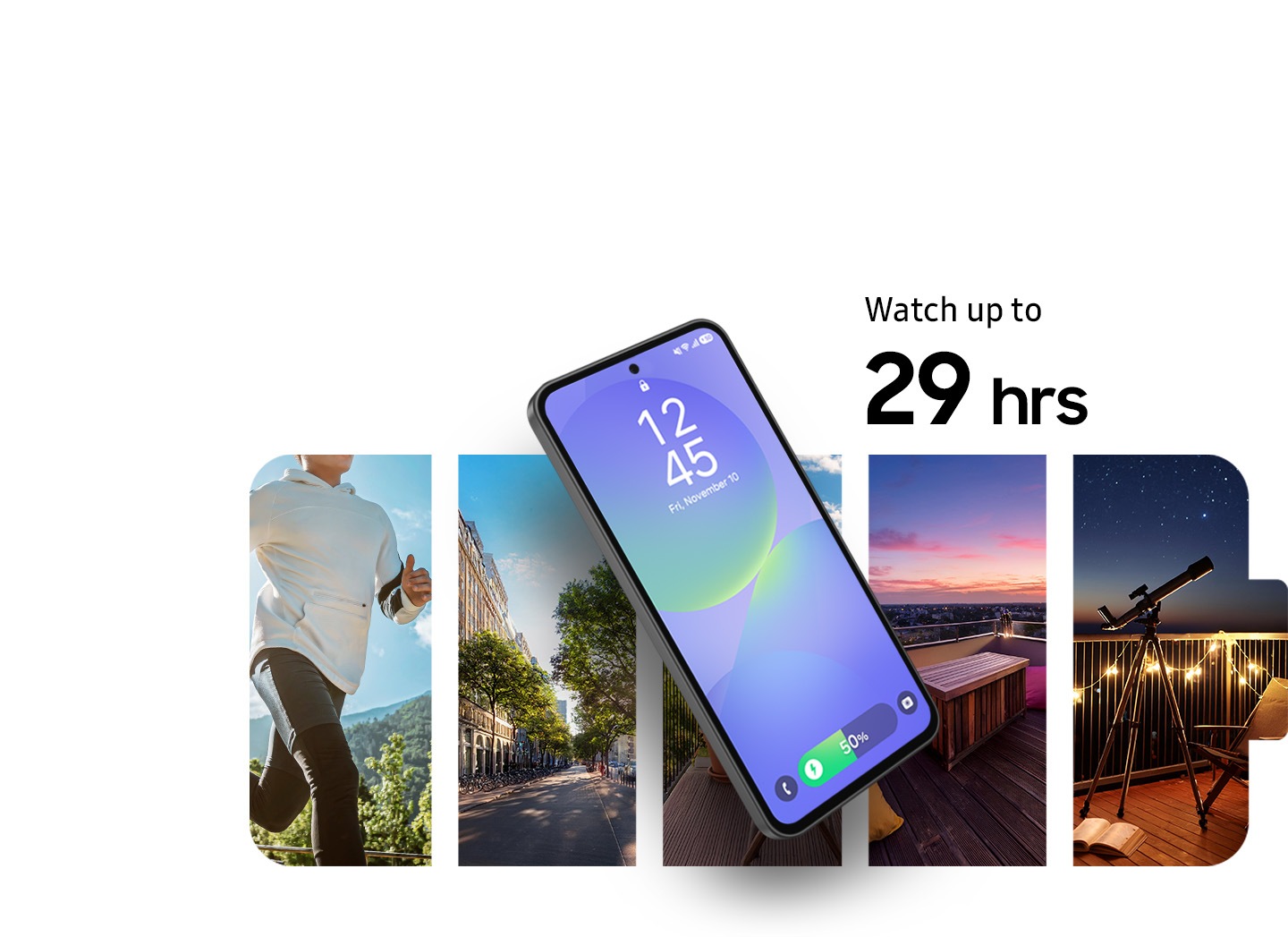Galaxy A36 5G can be seen with the lock page onscreen. In the background is a person running, the cityscape, a rooftop during sunset and a telescope on the rooftop pointed toward the night sky. Text Watch up to 29 hours is on the top right.