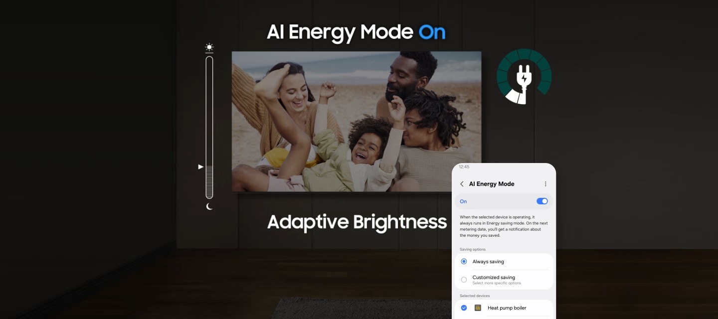 When AI Energy Mode is off, the surroundings around the TV appear bright. A smartphone screen displaying AI Energy Mode pops up, and it switches from Off to On. With adaptive brightness and AI Energy Mode activated, the energy level decreases significantly, and the scale shifts from day to night.