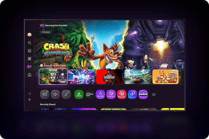 Various gaming and streaming options are displayed on the Samsung Gaming Hub.
