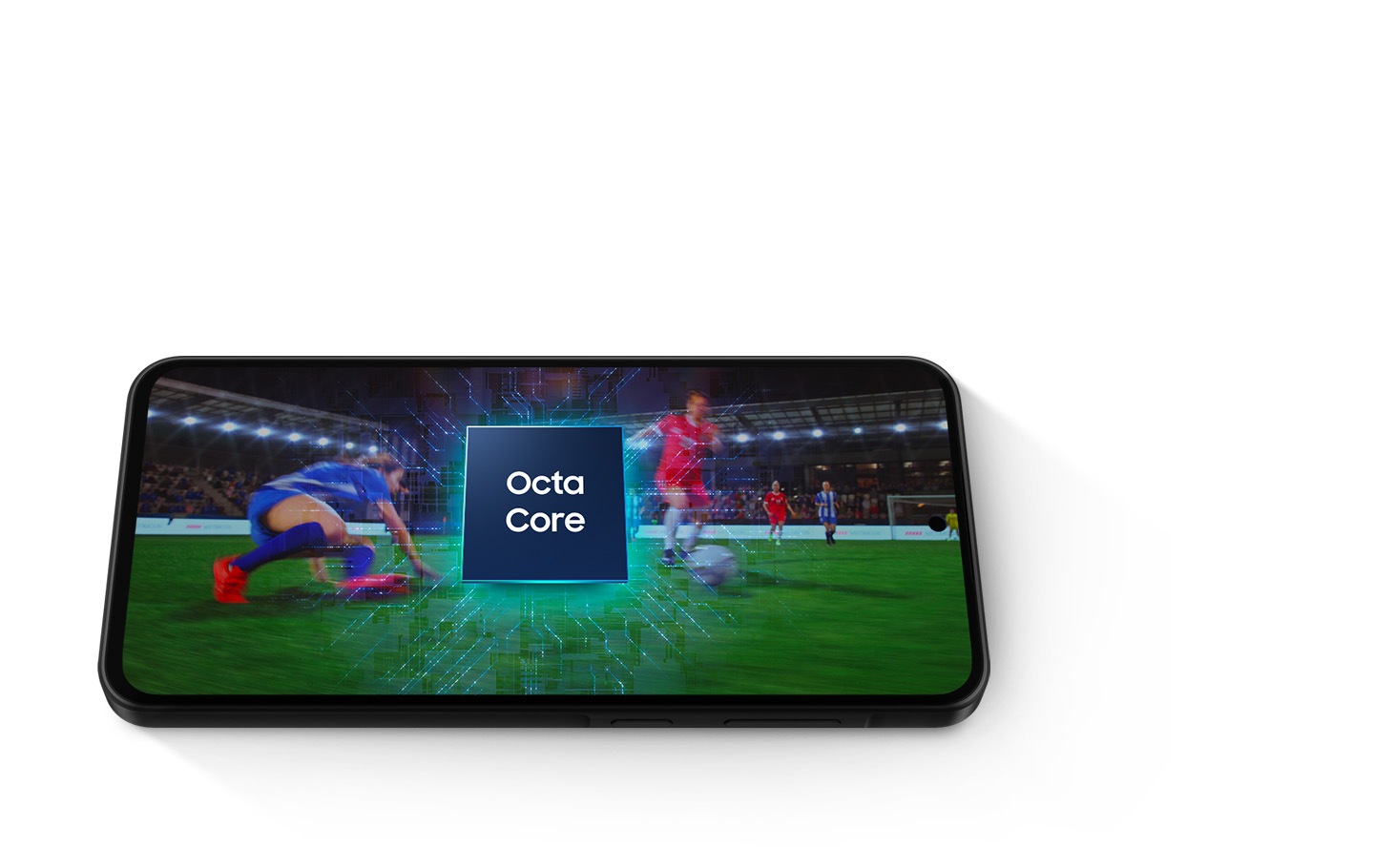 Galaxy A36 5G placed horizontally. Soccer match is onscreen. Above is Octa Core processor.