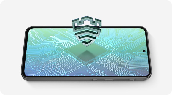 Galaxy A36 5G placed horizontally. Display shows the interior of a smartphone with a processor placed in the center. Above is the Samsung Knox Vault logo standing upright.