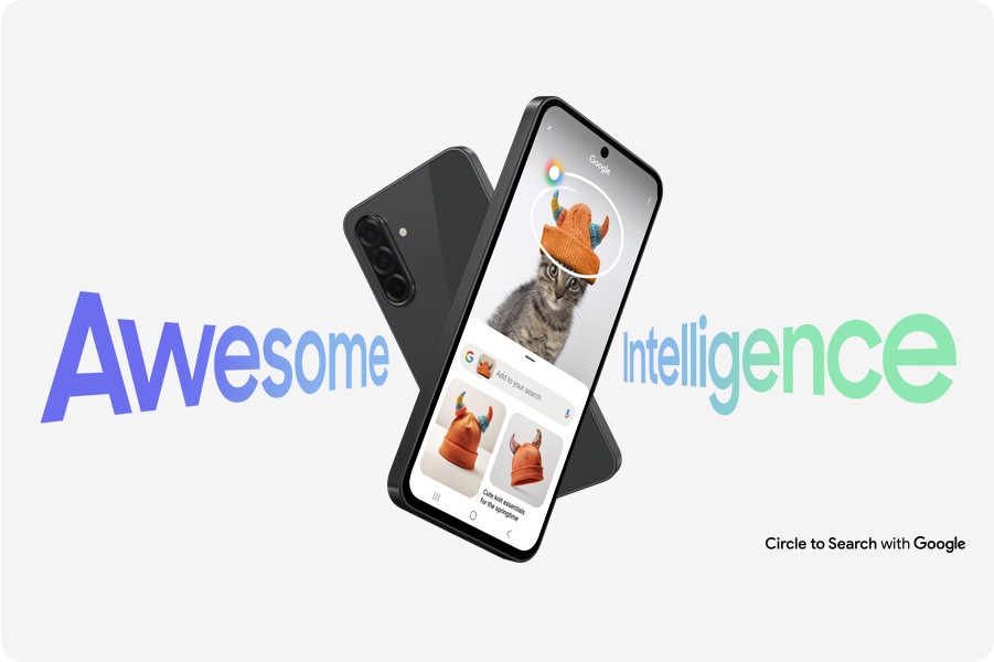 Two Galaxy A36 5G devices forming an X shape. The one in the back shows the rear view. The one in the front has Circle to Search feature onscreen. Text Awesome Intelligence can be seen. Text Circle to Search with Google is on the bottom right.