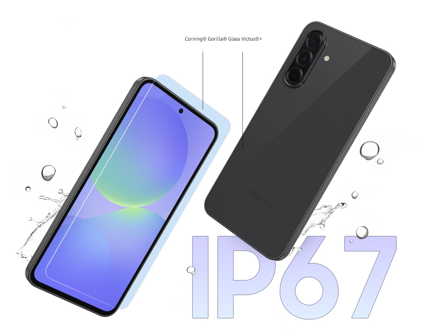 Two Galaxy A36 5G devices can be seen. The one on the left is in a slightly tilted front view. Glass layer in front of the screen. Text Corning registered Gorilla registered Glass Victus registered plus can be seen between the front and back glass. The device on the right is in a slightly tilted rear view. In the background are splashes of water to indicate durability.