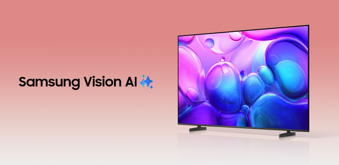 A Samsung Vision AI TV displays a purple bubble pattern on screen.