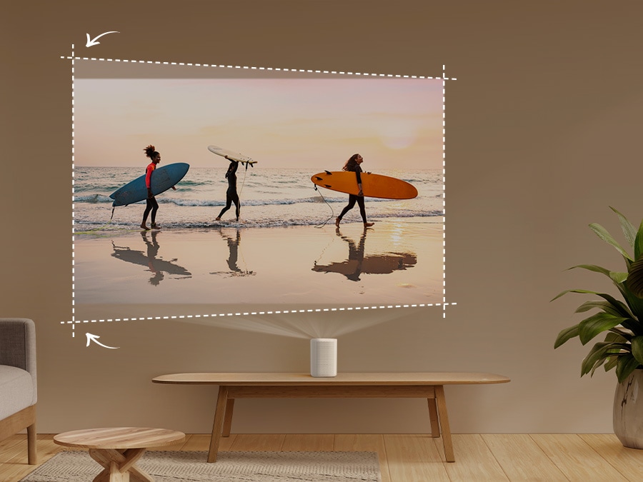 The Premiere projects a slanted image of three surfers onto the wall. Auto Keystone measures the lines and makes them straight. The Premiere projects the same image from a different view, also slightly slanted. Auto Keystone corrects this image to be straight as well.