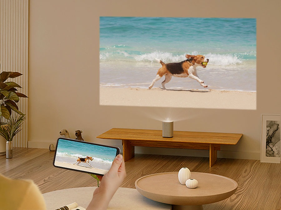 A mobile phone shows an image of a dog running on a beach. The same image is mirrored onto The Premiere's projected screen.