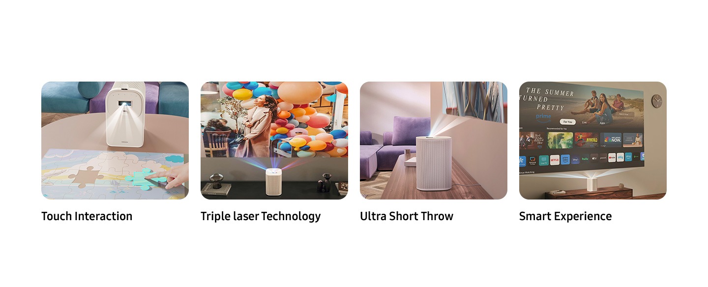 The key features are shown as Touch Interaction, Triple Laser Technology, Ultra Short Throw and Smart Experience. A user moves around a puzzle piece on a projected screen with Touch Interaction. Triple Laser Technology creates a vivid screen with colorful balloons. Ultra Short Throw allows for screen projection despite a short distance to the wall. Various streaming options and apps are shown for Smart Experience.