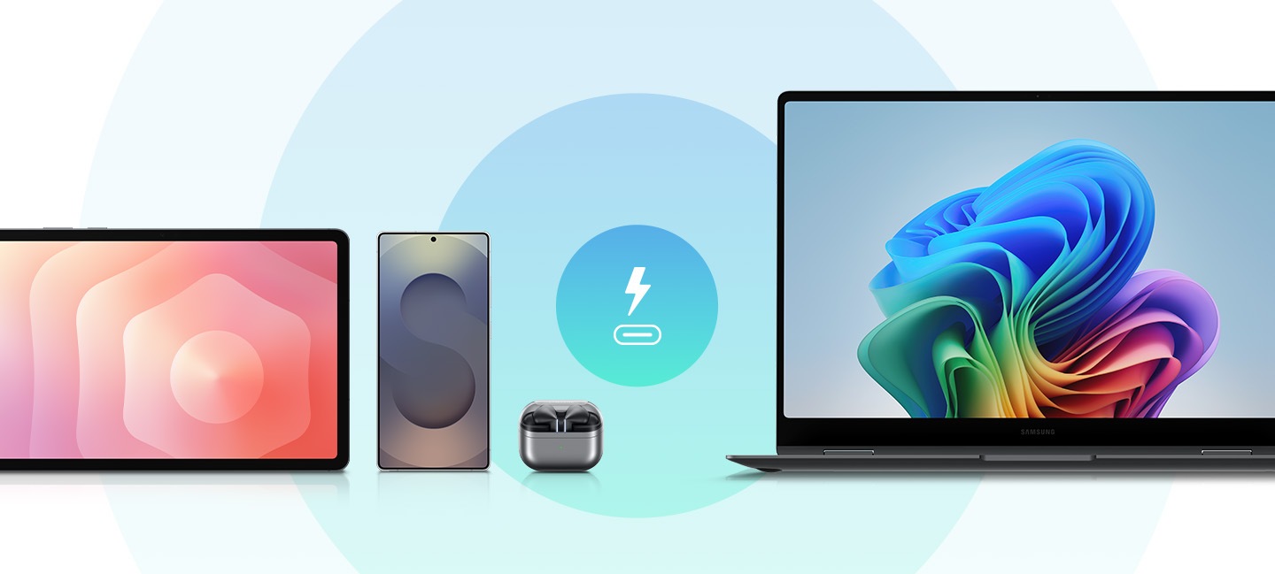 Galaxy Tab, Galaxy Smartphone, Galaxy Buds y Galaxy Book están colocados uno al lado del otro con un ícono de carga del puerto USB-C en el medio.