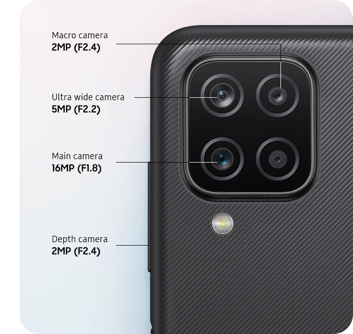 Top back view of a device shown with 4 lenses for 2MP macro camera, 5MP ultra wide camera, main and depth camera respectively