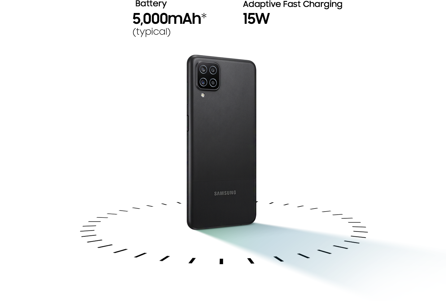 Galaxy A12 stands up, surrounded by circular dots, with the text of 5,000mAh Battery and 15W Adaptive Fast charging.