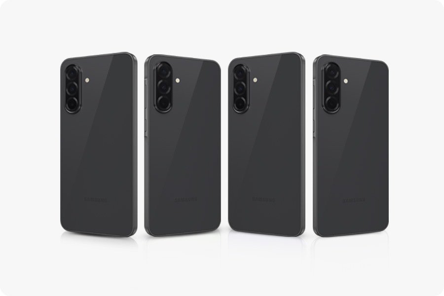 The rear view of four Galaxy A36 5G devices, tilted in different directions, slide into view one by one. The device on the far left and second from the right are tilted toward the right. The device on the far right and second from the left are tilted toward the left.