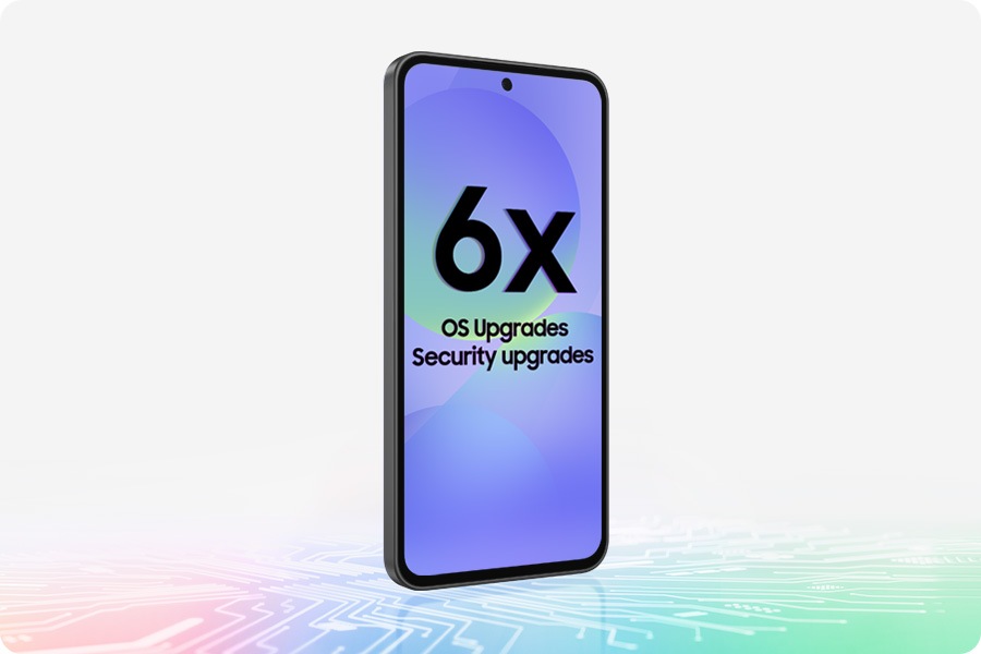 Galaxy A36 5G slides into view with the screen facing the right. Text 6x OS Upgrades and Security upgrades can be seen onscreen. A colourful, microchip-like design appears underneath the device.