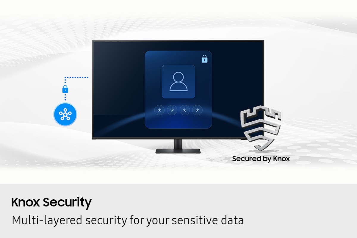 Knox Security. Multi-layered security for your sensitive data. SmartThings links to the monitor. Monitor shows a secure login screen. Secured by Knox logo.
