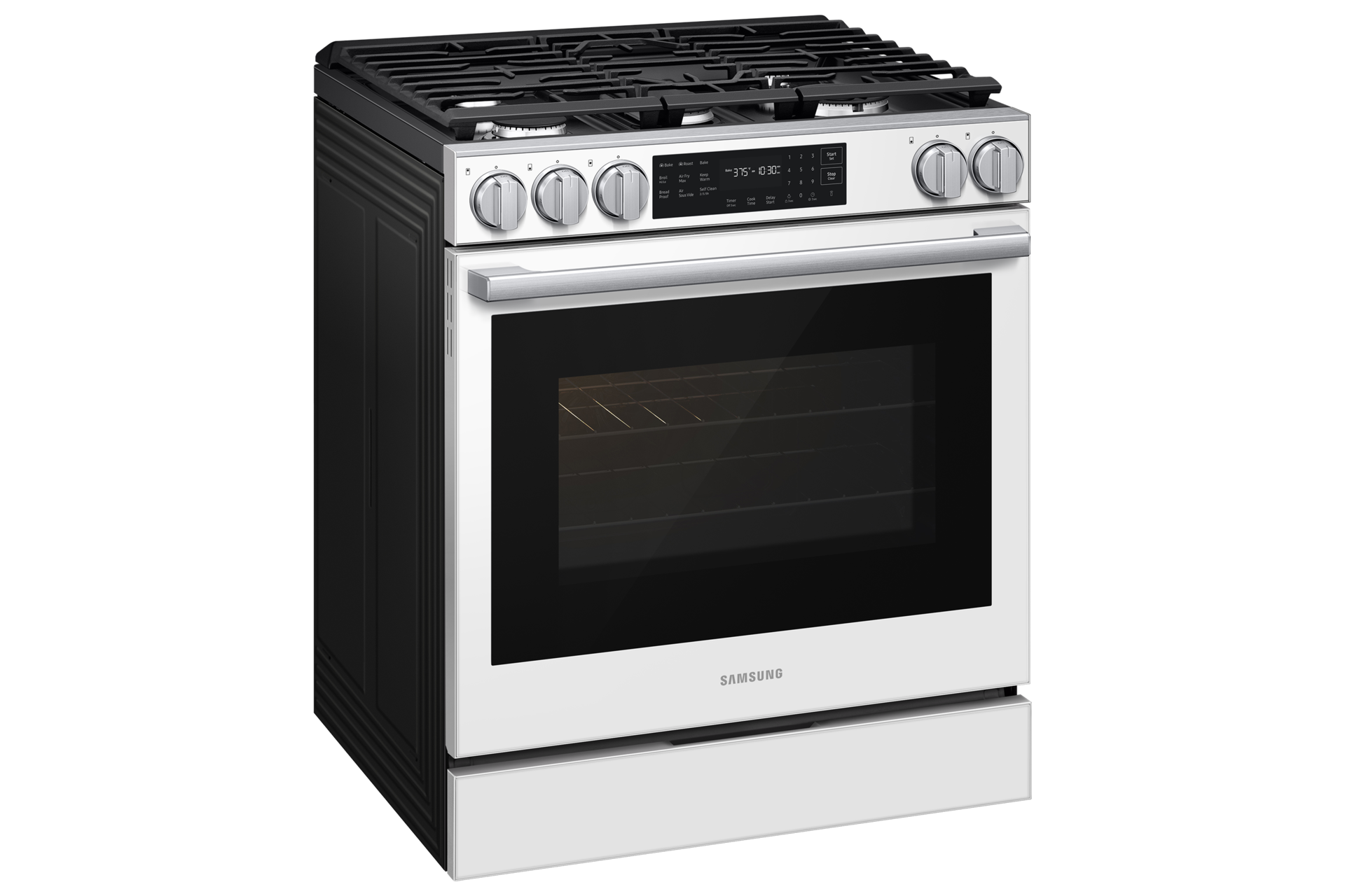 Gas Slide-In 6.0 cu.ft. 80H | True Convection with Air Fry Max, Air Sous Vide, 18K Dual BTU L-Perspective White 