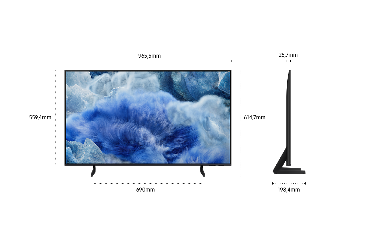 Dimension of Samsung QLED Q8F screen only (965.5 x 559.4 x 25.7 mm). Height with Black Aero Linear Stand (965.5 x 614.7 x 198.4 mm). Dimension of  Black Aero Linear Stand (690 x 198.4 mm)