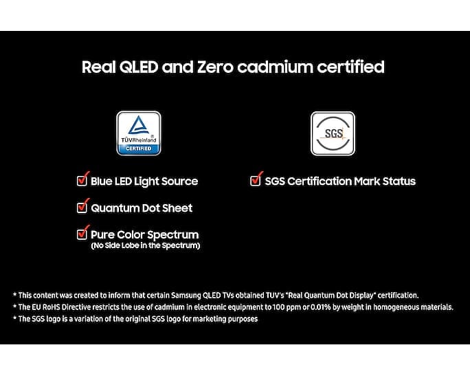 'Real QLED and Zero cadmium certified' on a black background. TUV Rheinland Certified logo with check boxes for Blue LED Light Source, Quantum Dot Sheet, and Pure Color Spectrum (No Side Lobe in the Spectrum). SGS logo wih check box for SGS Certification Mark Status. Disclaimers include This content was created to inform that certain Samsung QLED TVs obtained TUV's "Real Quantum Dot Display" certification. The EU RoHS Directive restricts the use of cadmium in electronic equipment to 100 ppm or 0.01% by weight in homogeneous materials. The SGS logo is a variation of the original SGS logo for marketing purposes.