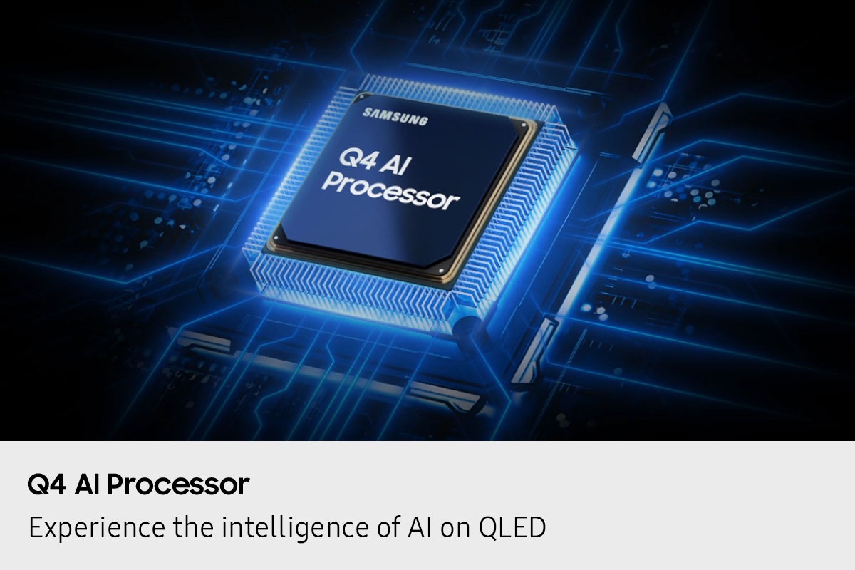 The Samsung Q4 AI Processor chip descends on the TV's main board and lights up with waves of power surging from the chip to the rest of the TV.