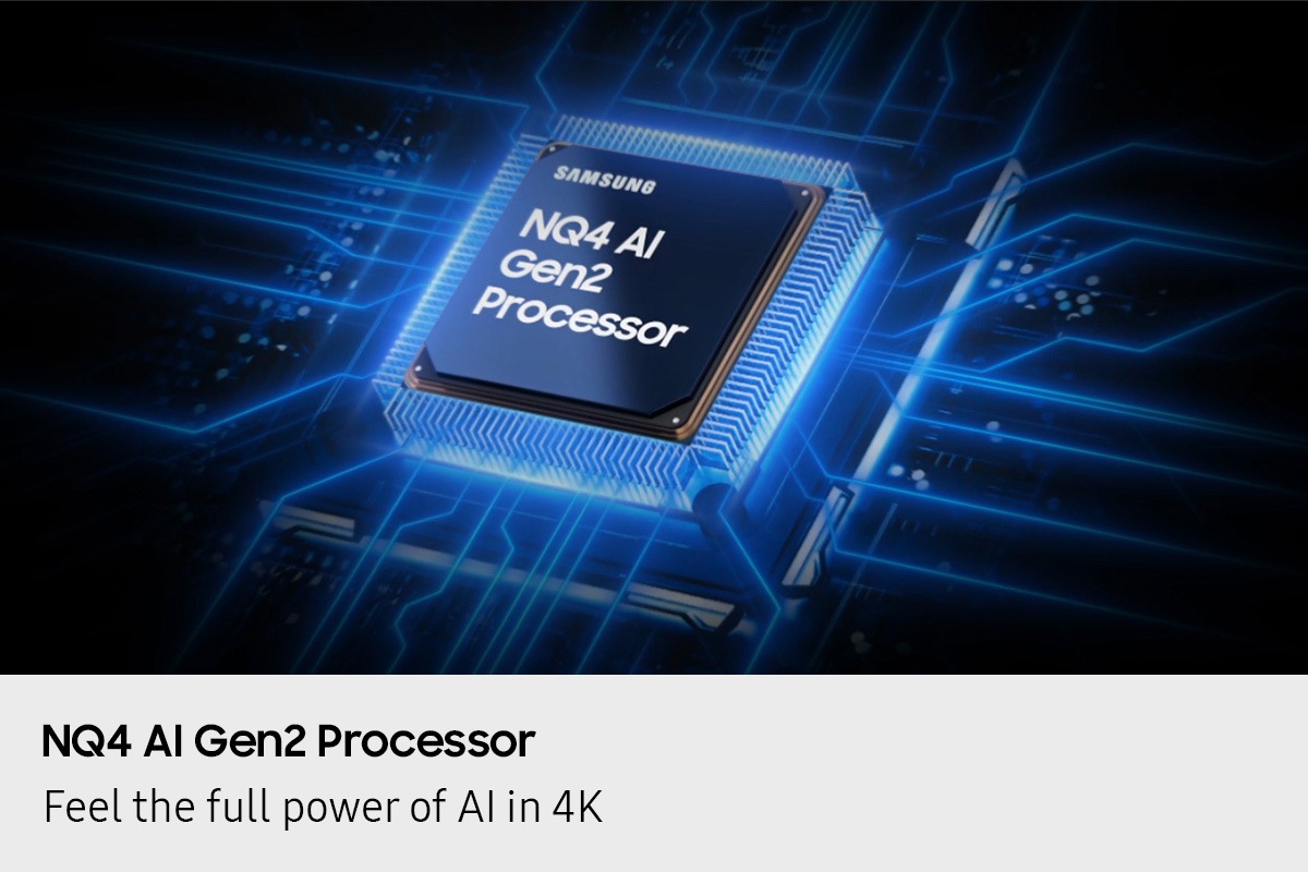 Samsung NQ4 AI Gen2 Processor chip descends on the TV's main board and lights up with waves of power surging from the chip to the rest of the TV.