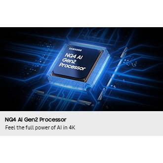 Samsung NQ4 AI Gen2 Processor chip descends on the TV's main board and lights up with waves of power surging from the chip to the rest of the TV.