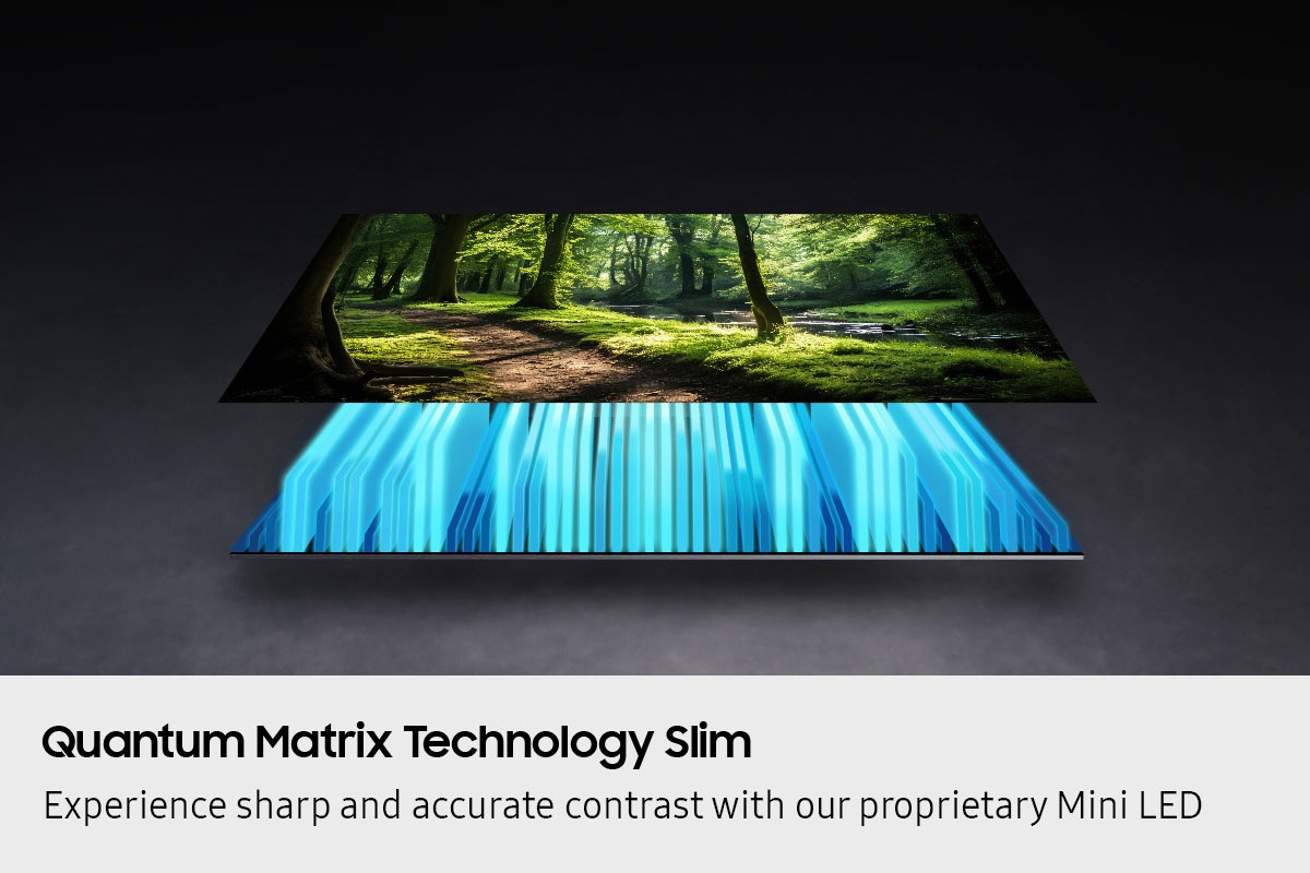 A TV backlight and screen are separated out, with the Mini LED backlight illuminating the screen to depict a vivid scene of a forest.